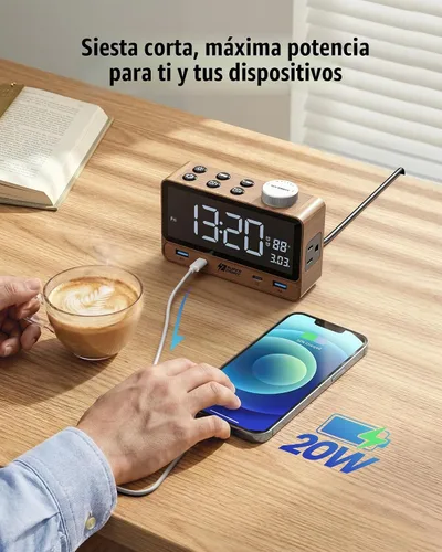 Vista 6 de SUPERDANNY Reloj despertador con PD de 20 W, 4 puertos USB, tira de alimentación de 2 tomas de CA, relojes despertadores digitales para dormitorios
