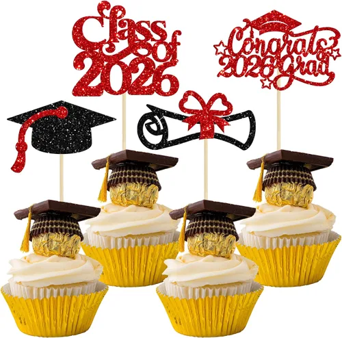 Vista 13 de Gyufise 24 piezas de decoración para cupcakes con purpurina para graduación 2026, decoración de pasteles para graduación 2026, decoración de Negro