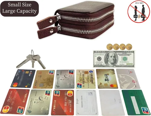 Vista 64 de Cartera de cuero para mujer, con doble tarjeta, tarjetero con cremallera, múltiples compartimentos, bloqueo RFID C-W-1, Rosado, Talla única