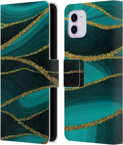 Vista 10 de Head Case Designs UtArt - Funda con licencia oficial de UtArt para iPhone 11 (piel tipo libro con diseño de olas de malaquita y esmeralda)