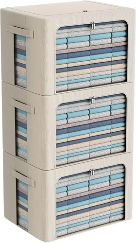 Vista 25 de Paquete de 3 cajas de almacenamiento con marco, bolsas de almacenamiento de ropa, tela Oxford, plegable, apilable, juego organizador con ventana