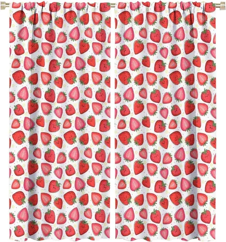 Vista 28 de Cortinas bohemias con diseño de fresas, bonitas cortinas bohemias con bolsillo para barra de fruta, tratamiento de ventana para cocina, sala