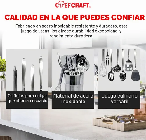 Vista 6 de Chef Craft - Juego de utensilios de cocina de acero inoxidable de 8 piezas con soporte para utensilios