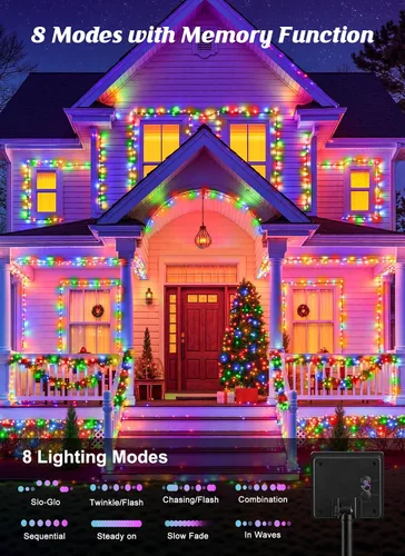 Vista 3 de Brightown - Paquete de 2 luces solares de Navidad en tira para exteriores, total 44 metros, 400 LED, luces de hadas parpadeantes impermeables con 8