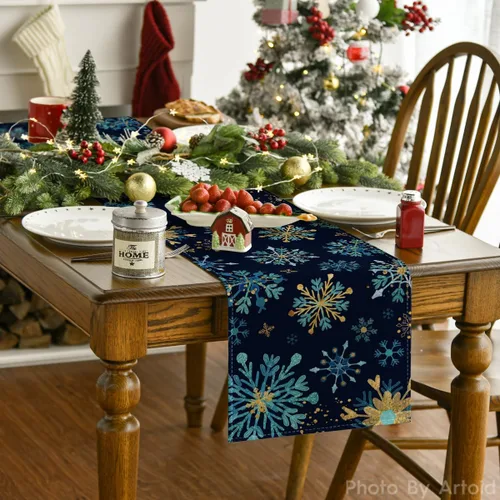 Vista 2 de Artoid Mode Camino de mesa hexagonal con copos de nieve azules de invierno, decoración de mesa de cocina para Navidad, para fiestas en el hogar al