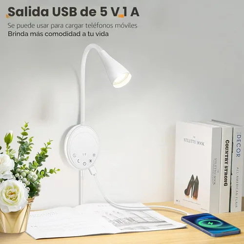 Vista 2 de SANKEDOU Luz de lectura LED para montaje en pared, luces de lectura de cabecera con control táctil, 5 regulables, salida USB, luz nocturna
