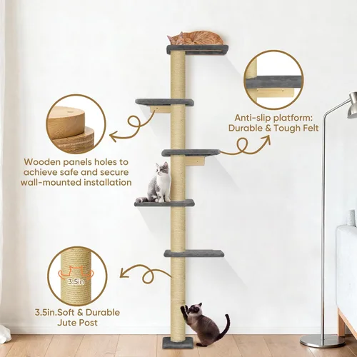 Vista 4 de PAWSCRAT Árbol para gatos montado en la pared, torre para gatos de piso a techo de 5 niveles, poste rascador para gatos montado en la pared de 80