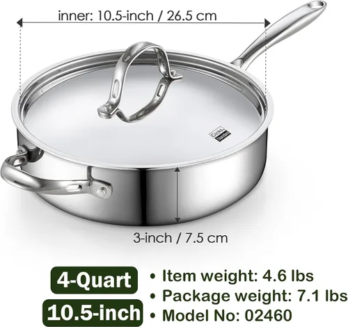Vista 2 de Cooks Standard Sartén profunda, cubierta, de acero inoxidable revestido en múltiples capas, 5 cuartos de galón, 11 pulgadas., Acero inoxidable
