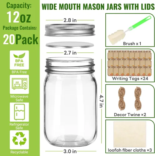 Vista 3 de Tarros Mason de 12 onzas con tapas, paquete de 20 frascos transparentes para almacenamiento de alimentos Transparente-12oz-20