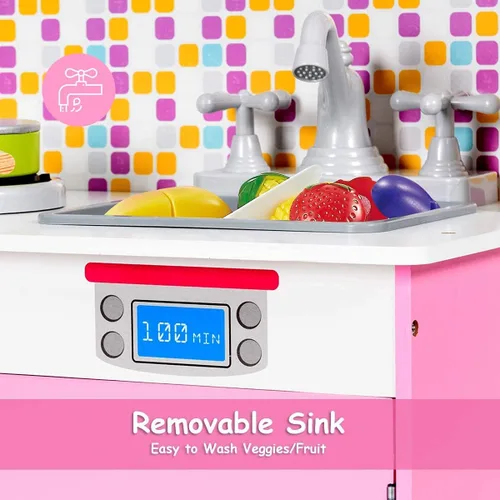 Vista 5 de ARLIME Juego de cocina para niños, cocina de juguete de madera con fregadero extraíble, microondas, utensilios de cocina, armario de almacenamiento
