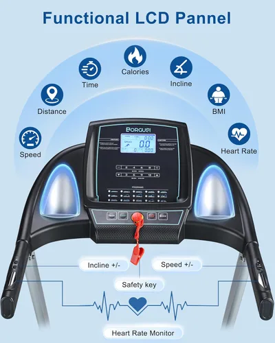 Vista 7 de BORGUSI Cinta de correr inclinada 15% automática con altavoz Bluetooth, 20 pulgadas de ancho 3.5 HP plegable caminadora eléctrica con pantalla LCD