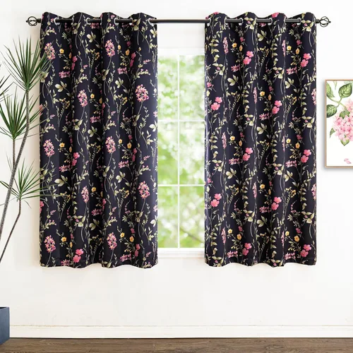 Vista 17 de Linentalks Juego de 2 paneles de cortinas opacas florales de 63 pulgadas de largo, cortinas opacas cortas con aislamiento térmico para sala