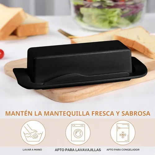 Vista 4 de Mantequillera de bambú con tapa y cuchillo, pequeño recipiente para mantequilla para un palo de mantequilla, recipiente para mantequilla para Negro