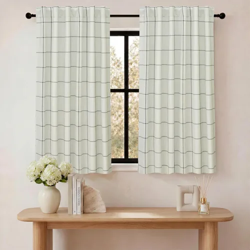 Vista 31 de DriftAway 2 paneles cortinas de lino a cuadros 100% opacas de doble capa cortinas para dormitorio de 96 pulgadas de largo estilo granja con Gris
