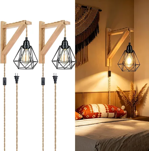 Vista 8 de Frideko - Juego de dos apliques de pared enchufables, lámpara de pared colgante de granja bohemia con cable de enchufe, lámpara de pared con soporte