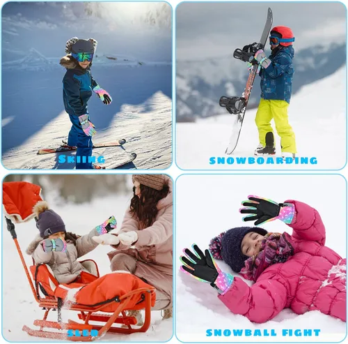 Vista 7 de Guantes de nieve de invierno para niños, guantes de esquí impermeables para niñas, guantes de nieve para niños pequeños, guantes de snowboard