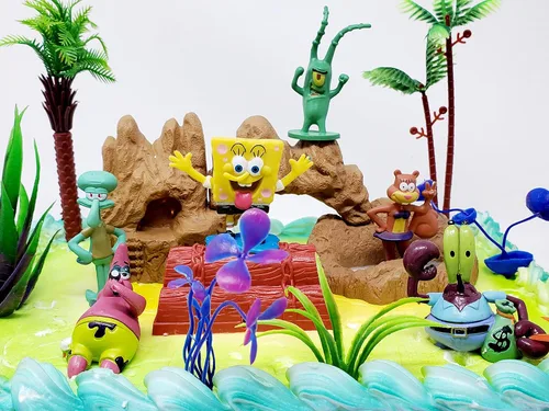 Vista 6 de Bob Esponja para pastel con Patrick, tablones, calamardo, arena y amigos (diseño único)