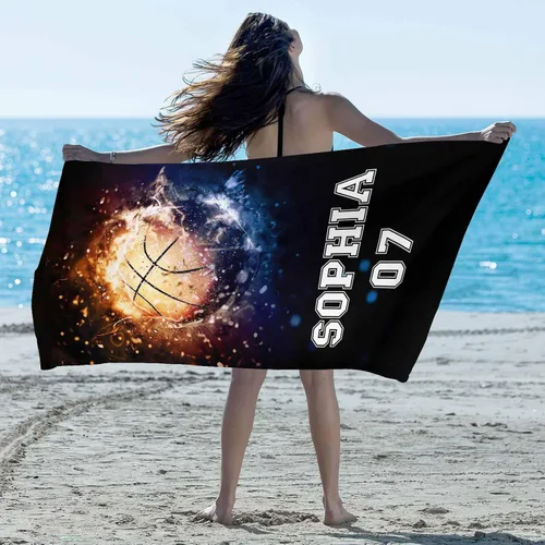 Vista 4 de Artsadd Toalla de playa personalizada para adultos, manta de playa personalizada de baloncesto con nombre inicial como regalo de fiesta para viajes
