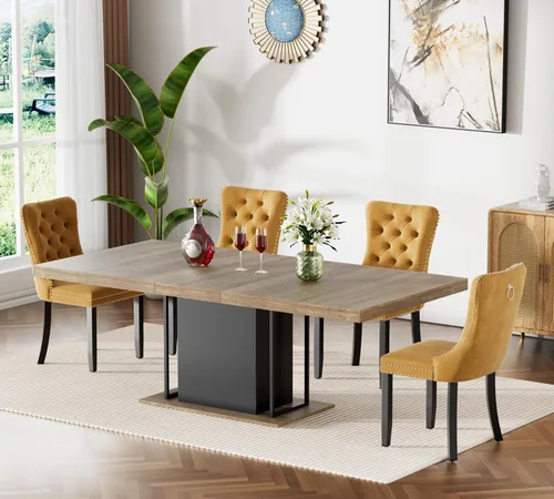 Vista 24 de Mesa de comedor extensible de 78.74 pulgadas para 6 8 y 10 pulgadas, moderna mesa de comedor extensible de granja con base de doble pedestal, mesa