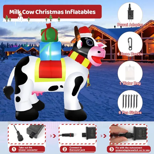 Vista 4 de Decoraciones inflables de Navidad de vaca lechera para exteriores de 6 pies con luces LED integradas, infla para patio, techo, césped
