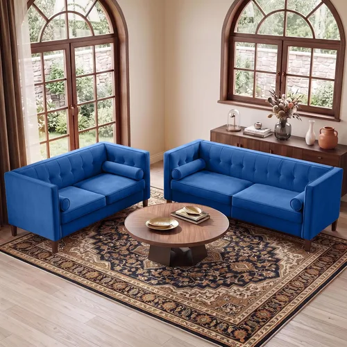 Vista 3 de Sofá de terciopelo de 78 pulgadas, sofá de 3 plazas con almohadas de refuerzo, diseño copetudo con botones Azul