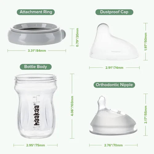Vista 8 de haakaa Gen.3 Biberón de vidrio natural de 6.3 onzas, cuello ancho, pezón de flujo variable anticólicos para bebés de 6 meses y más, esenciales