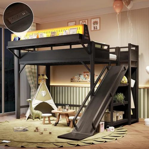 Vista 17 de Cama tipo loft de tamaño matrimonial con escaleras de almacenamiento integradas, armario, marco de cama alta de metal con barandilla lateral