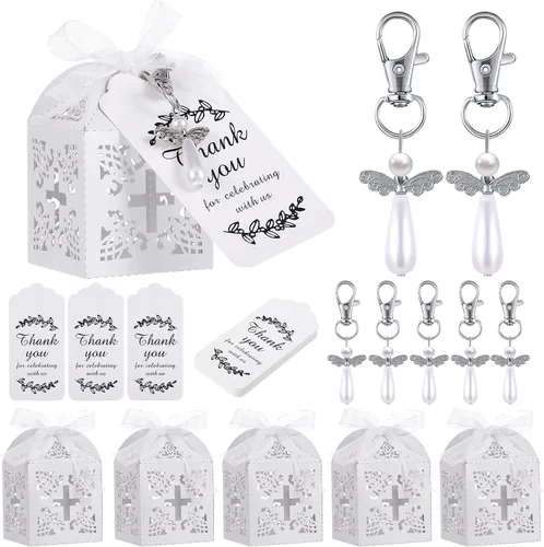 Vista 5 de Outus 60 piezas de recuerdos de fiesta de bautismo, 20 llaveros de ángel, regalos de ducha, 20 cajas de regalo de bautismo, 20 etiquetas de Azul