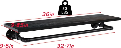 Vista 7 de Perchero negro de 36 pulgadas, perchero montado en la pared con estante de madera real negra, perchero colgante resistente, barra para colgar