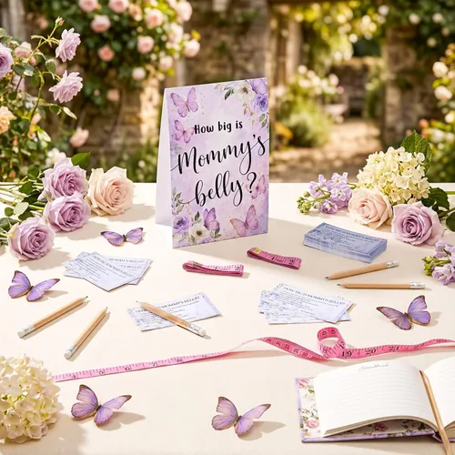 Vista 65 de Sabary 64 Piezas Juegos de Baby Shower Incluyen Letrero How Big is Mommy's Belly Sign Measure Bump Game 50 Tarjetas 10 Lápices 3 Cintas Métricas