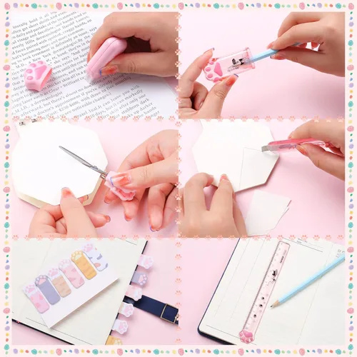 Vista 3 de Juego de 8 piezas de artículos de papelería lindos de patitas de gato, suministros escolares kawaii que incluyen sacapuntas, borrador retráctil