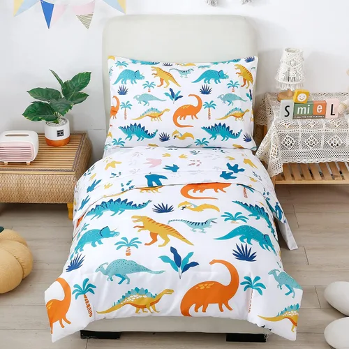 Vista 11 de PERFEMET Juego de cama de 4 piezas para niños pequeños con edredón de autos para niños, reversible, ligero, vehículos azules, juego de cama