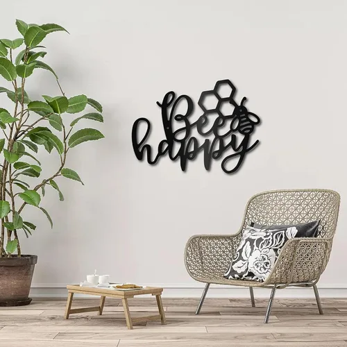 Vista 6 de CREATCABIN Arte de pared de metal con diseño de abeja feliz, escultura de pared, letrero de decoración colgante de contorno de hierro, arte de pared