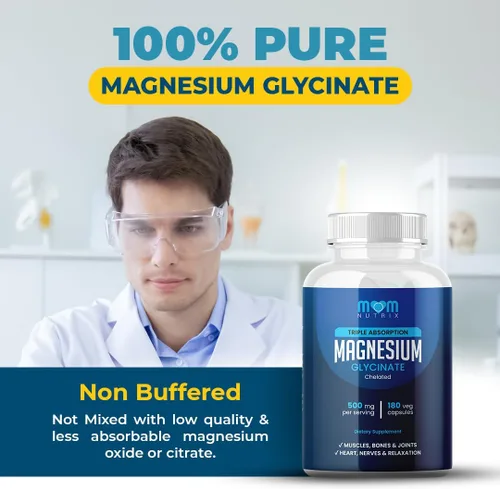 Vista 2 de MOM Nutrix Glicinato de magnesio - 500 mg de magnesio quelatado de triple absorción - corazón, huesos y articulaciones - Calma y Relajación - 180