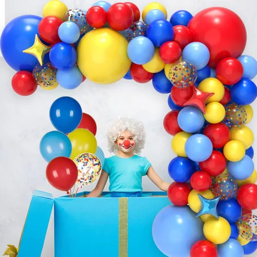 Vista 4 de JOYYPOP Kit de arco de globos de carnaval con 123 globos de confeti de látex de arcoíris rojo, azul, amarillo, para decoraciones de fiesta
