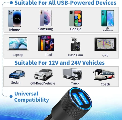Vista 7 de 【MFi Certified】iPhone 16 Car Charger Fast Charging, SDNCIE 4.8A Dual USB Power Cigarette Lighter USB-C Car Charger Adapter+2Pack Type-C Braided