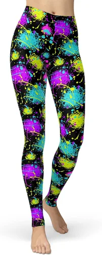 Vista 23 de sissycos - Leggings para mujer de los años 80 con estampado neón salpicado artístico, suaves como la seda y elásticas Splash abstracto
