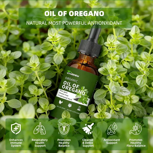 Vista 4 de Gotas de aceite de orégano orgánico Aceite de orégano con aceite de semilla negra, infundido con vitamina E, 80% Carvacrol para apoyo