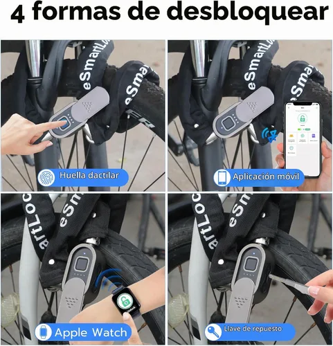 Vista 4 de Anweller Cerradura de cadena para bicicleta de huellas dactilares, resistente al robo, resistente a la intemperie, aplicación Bluetooth bloqueo