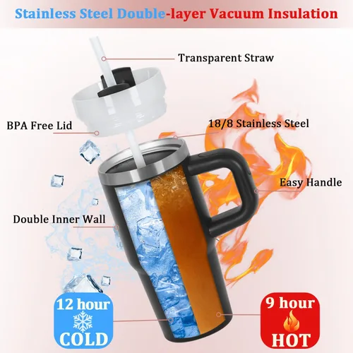 Vista 5 de Muwnrol Vaso de 14 onzas con asa y popote para niños, vaso de acero inoxidable aislado al vacío que mantiene el frío, el calor y el hielo, regalos