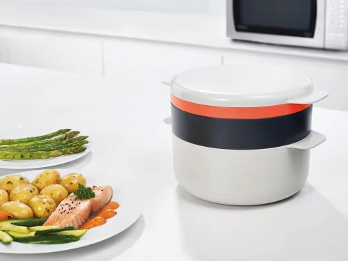 Vista 2 de Joseph Joseph M-Cuisine - Juego de cocina apilable para microondas, 4 piezas, olla de 2 litros, vaporera, plancha y tapa, naranja/beige