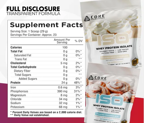 Vista 2 de Core Nutritionals Aislamiento de proteína de suero ISO Proteína de alta pureza de aislado de suero Soporte muscular magro y recuperación 32