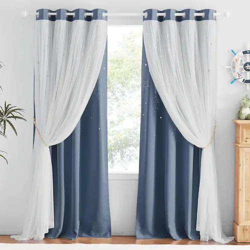Vista 17 de NICETOWN Cortinas para Dormitorio de Niñas Infantiles con Estrellas Caladas Ventana 2 Capas Cortina 63 Pulgadas de Longitud Oscurecimiento