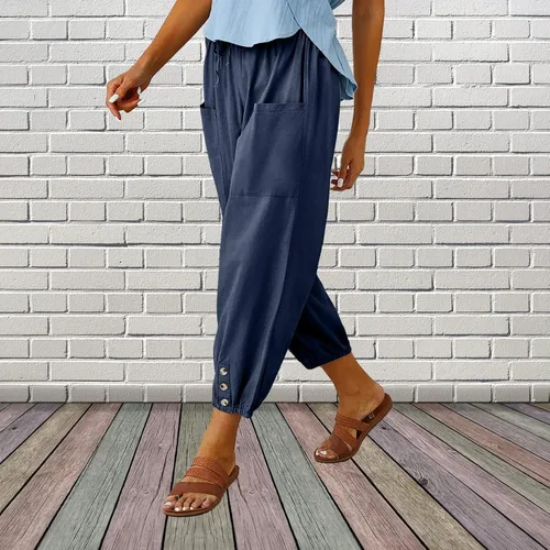 Vista 2 de ZQFFB Pantalones capri para mujer, casuales, de verano, de lino, cintura elástica, pantalones cortos con cordón