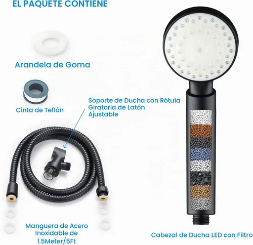 Vista 4 de Cabezal de ducha negro con filtro LED, 7 colores de luz que cambian automáticamente, filtro de filtración manual para piel y cabello secos