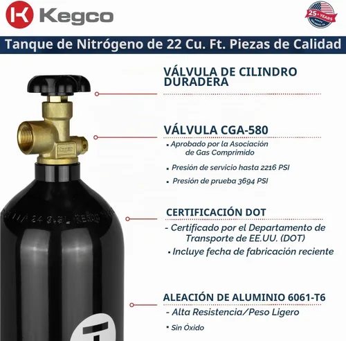 Vista 4 de Kegco Tanque de aire de nitrógeno de 22 pies cúbicos - Cilindro de gas de aluminio de alta presión (vacío)