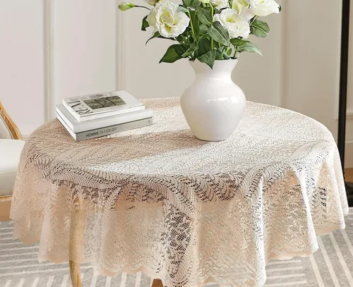 Vista 6 de Warm Home Designs Mantel de encaje negro. Mantel redondo pequeño de 36 pulgadas de diámetro. Mantel floral, superposición rústica o mantel bohemio