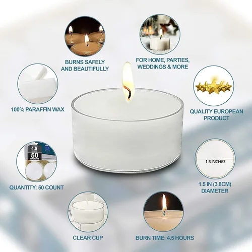 Vista 3 de Ner Mitzvah Velas de té – Paquete de 50 velas a granel – Velas blancas sin perfume en taza transparente – Larga combustión – 4.5 horas