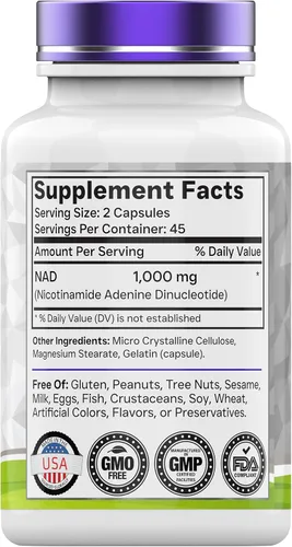 Vista 2 de tnvitamins Suplemento NAD+ de 1,000 mg por porción - 90 unidades Cápsulas NAD de alta potencia Dinucleótido de adenina de nicotinamida Apoyo