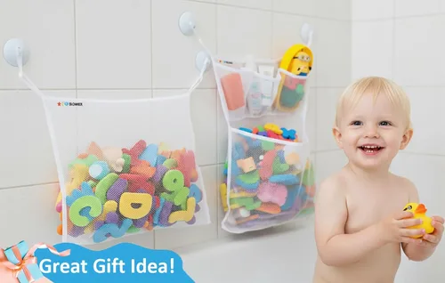 Vista 6 de Organizador de almacenamiento de juguetes de baño para bañera, soporte grande de malla para juguetes de baño y red de juguetes de baño, bolsa